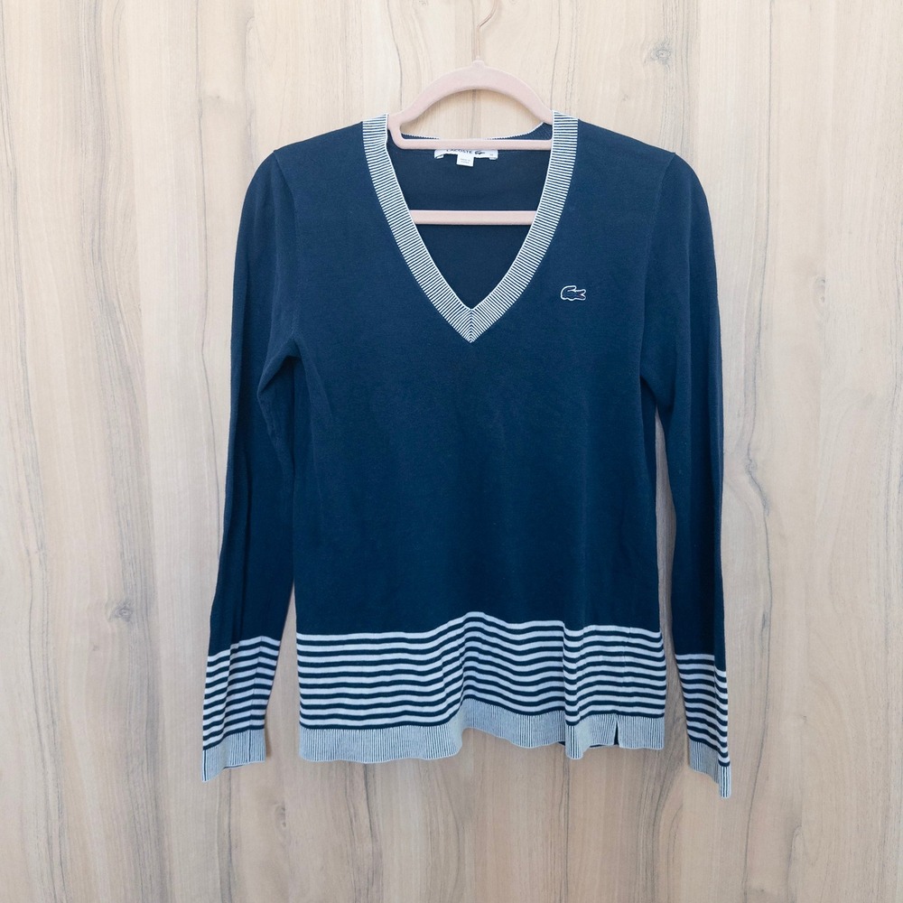 Lacoste Womens Sweater Size 36 Navy Striped V-Neck Preppy Nautical Old Money